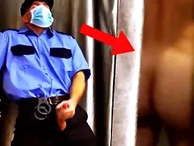 Impudent security veteran spies on a customer and jerks off right close by a catch store