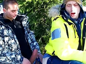 Two well-pleased twinks screwing outside