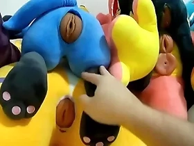 Making out and cumming anent 6 plush pussies