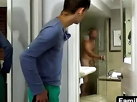 Young sexy stepson is yon total awe of his Brobdingnagian stepdad as A he enters the house after his morning run